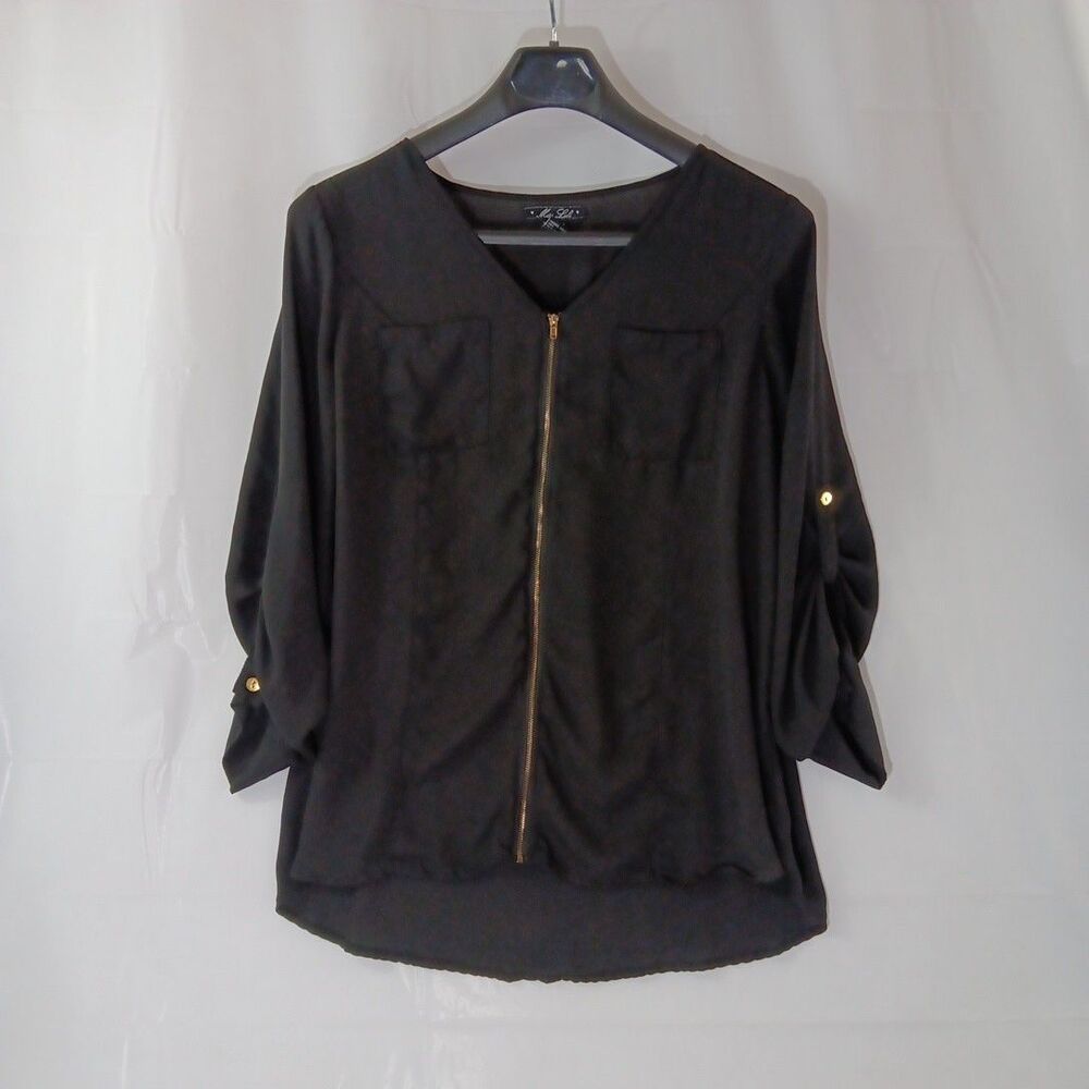 Miss Lili Shirt Women's Size 1X Black Goldtone Zipper Closure Pockets Roll*